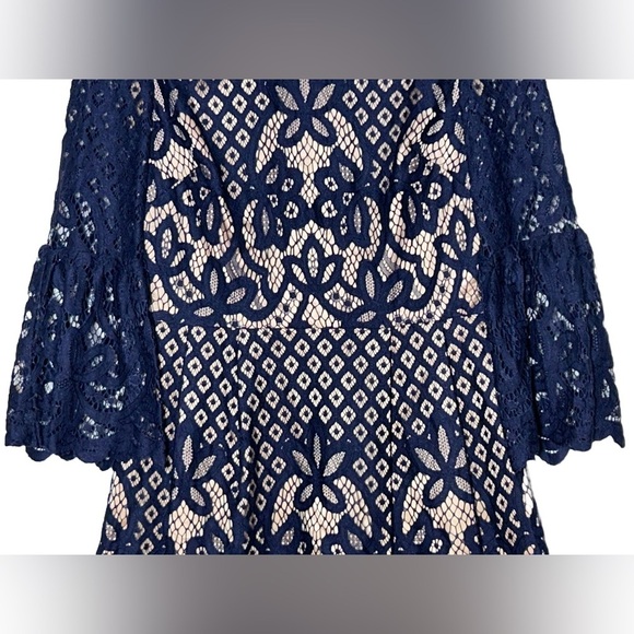 Eliza J Navy Blue Lace Over Nude Dress with Bell Sleeves, Size Medium (10) - Picture 8 of 15